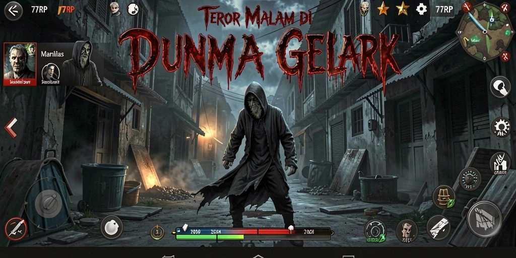Screenshot gameplay <strong>77RP</strong> menampilkan suasana horor yang mendebarkan.