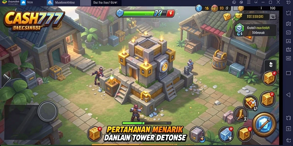 Screenshot gameplay <strong>CASH777</strong> yang menampilkan pertarungan ikonis Tower Defense.