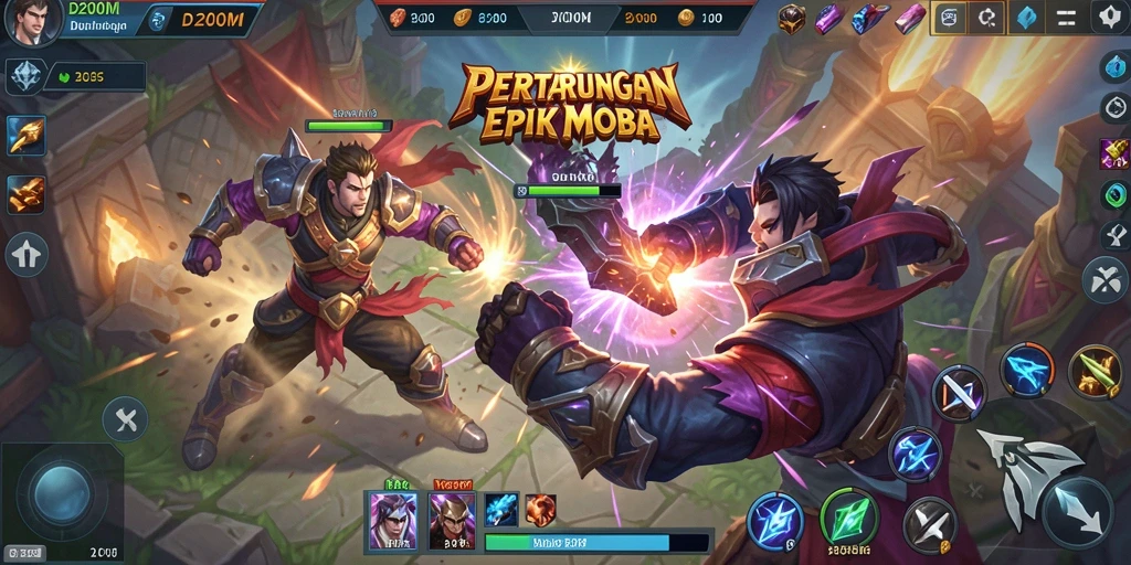 Tampilan gameplay D200M dengan pertarungan taktik MOBA yang intens.