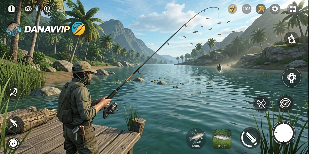 Screenshot gameplay menunjukkan suasana memancing yang menegangkan dan indah.