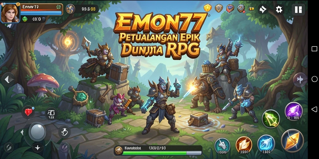 Screenshot utama EMON77 menampilkan aksi pertarungan epik di dunia RPG.