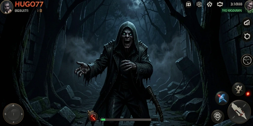 Gameplay HUGO77 dengan suasana yang mencekam dan menegangkan.