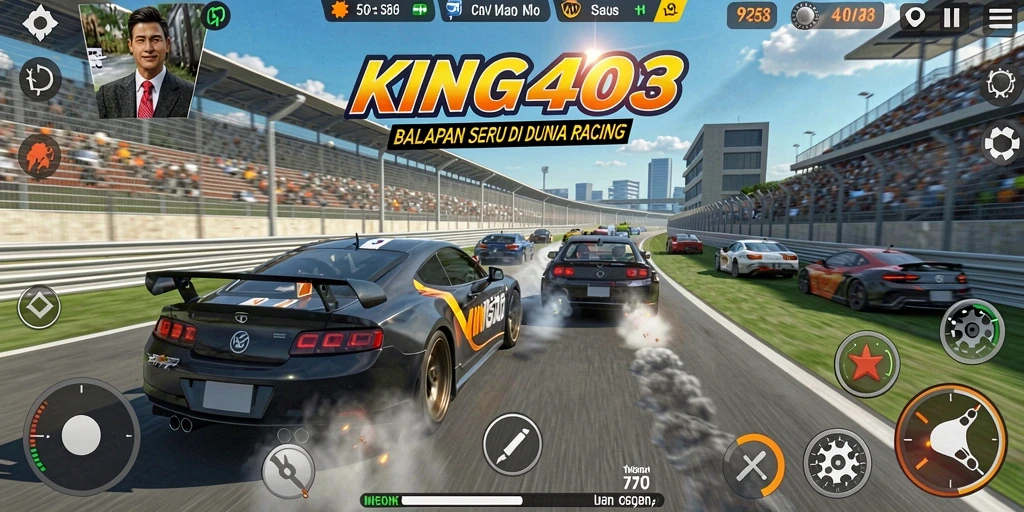 Tampilan gameplay KING403 dengan mobil balap di trek yang menantang.