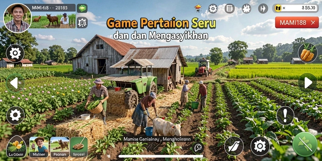 Screenshot gameplay MAMI188 yang menampilkan aktivitas pertanian dan interaksi dengan hewan.