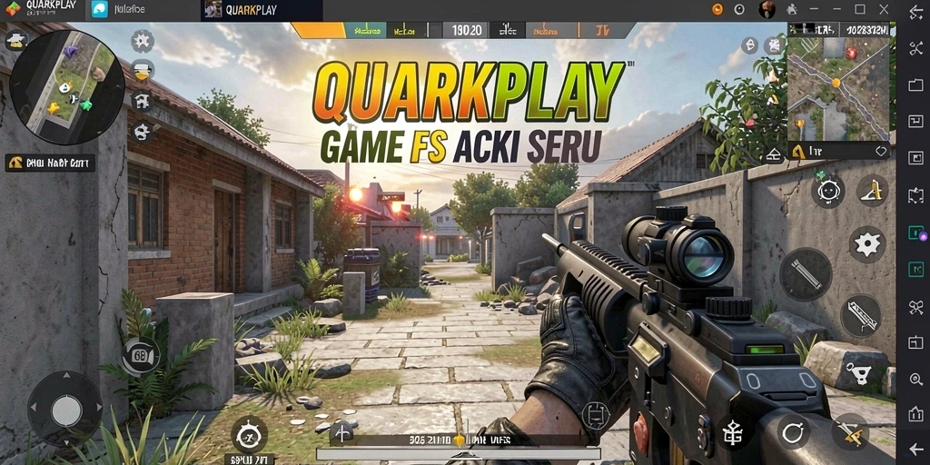 Tangkapan layar QUARKPLAY menampilkan aksi tembak-menembak yang intens.