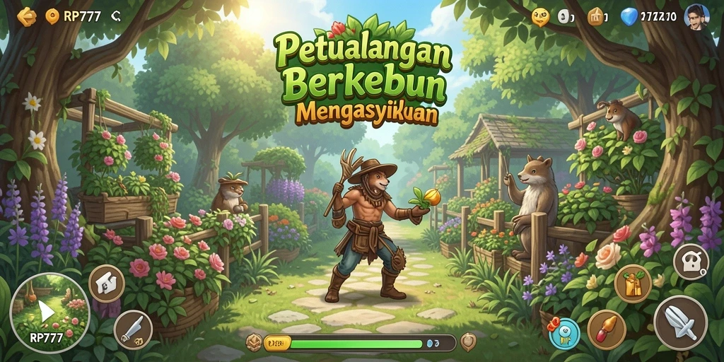 Screenshot gameplay RP777 menampilkan kebun yang subur dan aktivitas pertanian.