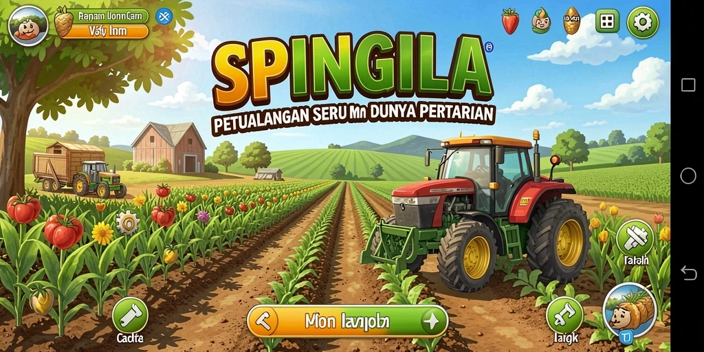 Tampilan gameplay SPINGILA yang penuh warna dan aktivitas pertanian.